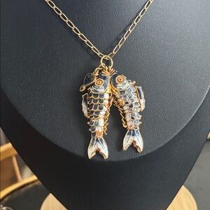 Articulated Cloisonne Double Koi Fish Pendant on 22” 14k Gold Filled Necklace